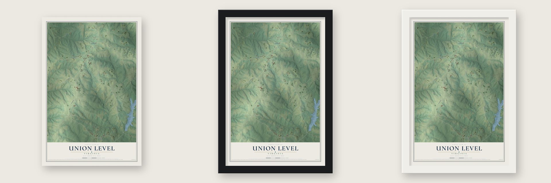 Union Level, Virginia map unframed, in a black wood frame and in a white wood frame