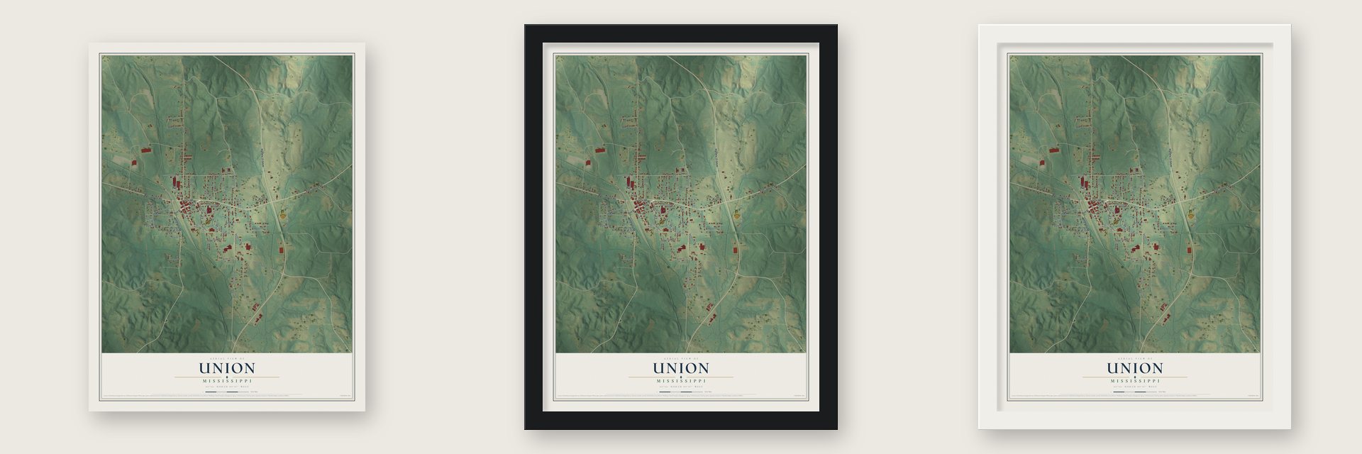 Union, Mississippi map unframed, in a black wood frame and in a white wood frame