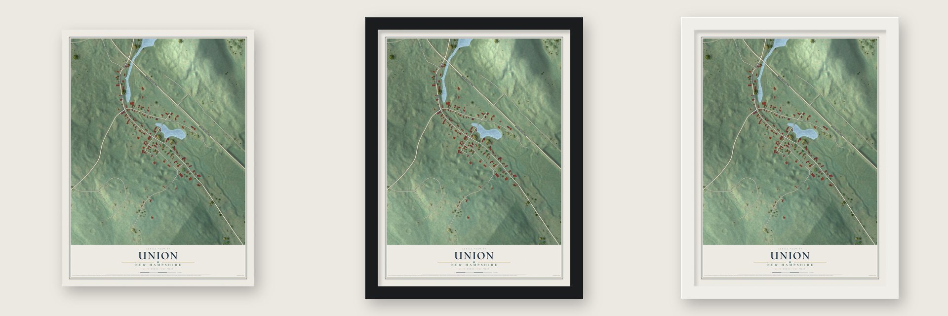 Union, New Hampshire map unframed, in a black wood frame and in a white wood frame