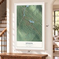 Union, New Hampshire map, 24 x 36 inch print in a white frame by a staircase
