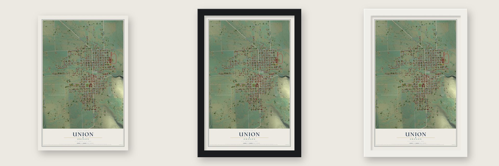 Union, Oregon map unframed, in a black wood frame and in a white wood frame