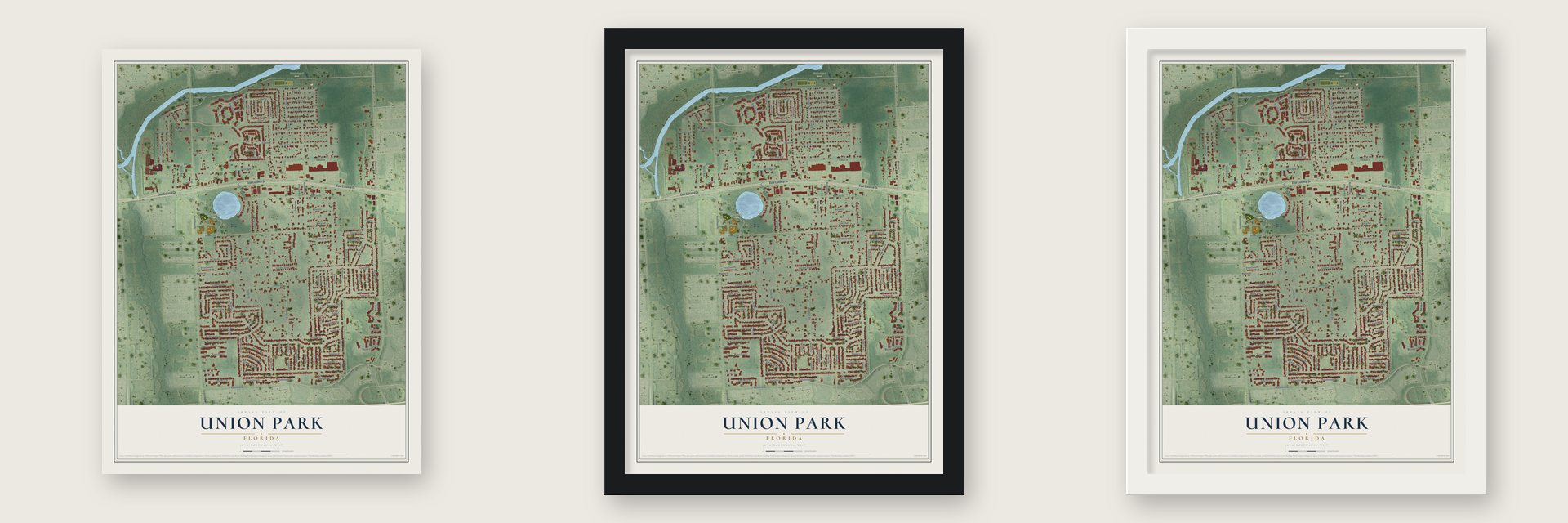 Union Park, Florida map unframed, in a black wood frame and in a white wood frame