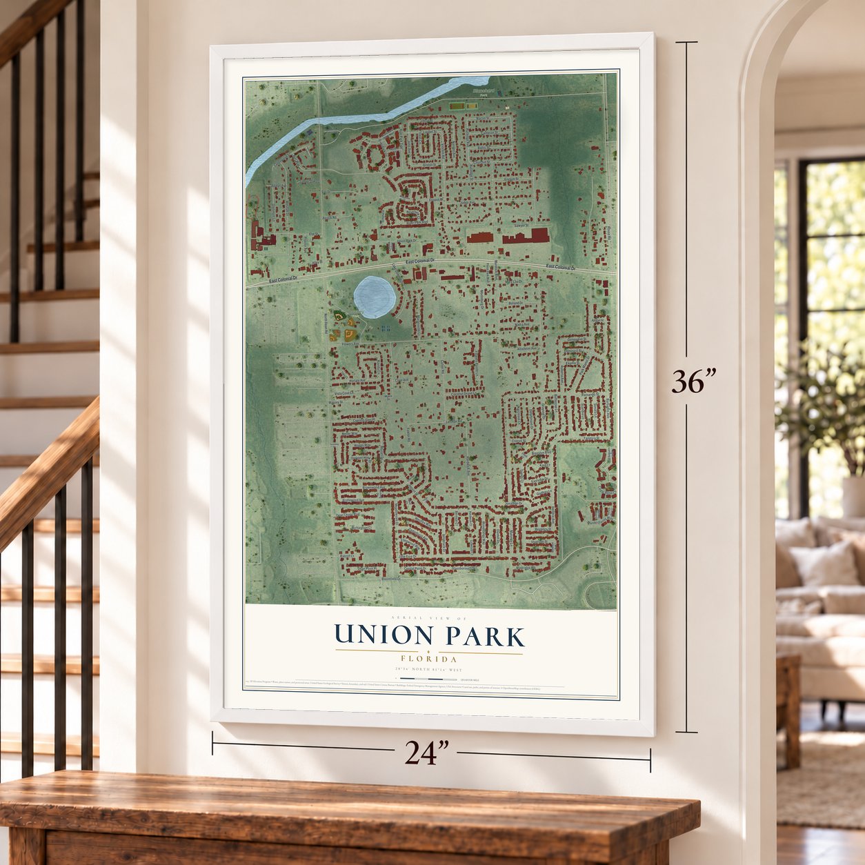 Union Park, Florida map, 24 x 36 inch print in a white frame by a staircase