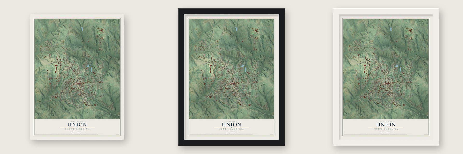 Union, South Carolina map unframed, in a black wood frame and in a white wood frame