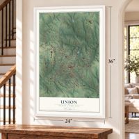 Union, South Carolina map, 24 x 36 inch print in a white frame by a staircase