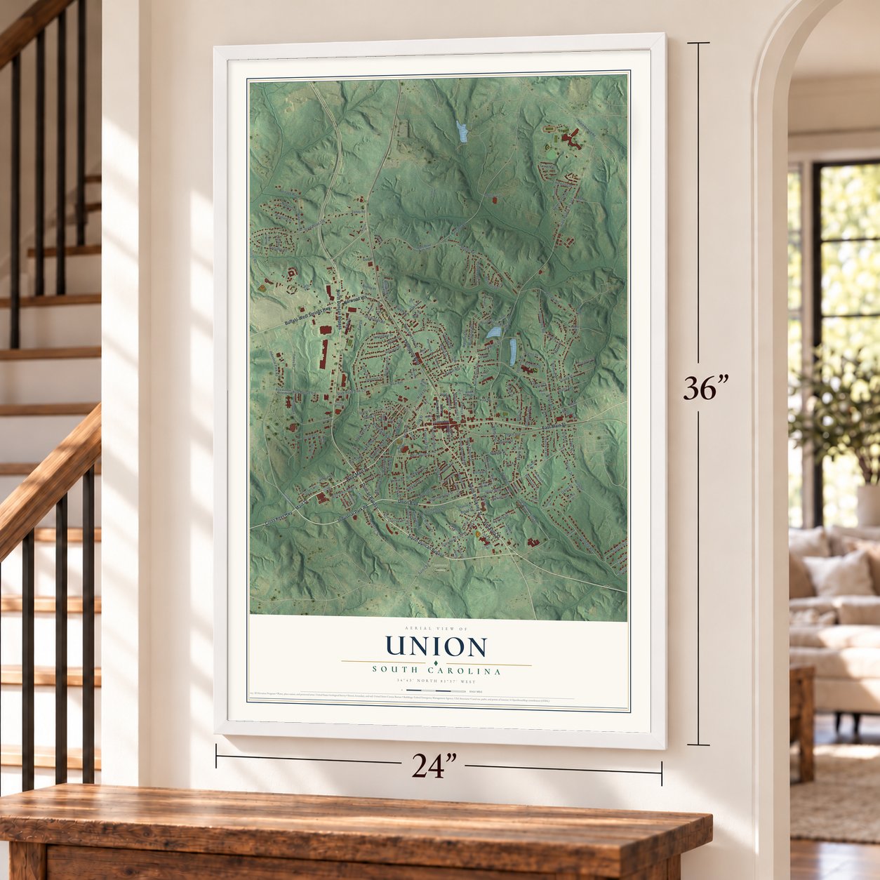 Union, South Carolina map, 24 x 36 inch print in a white frame by a staircase