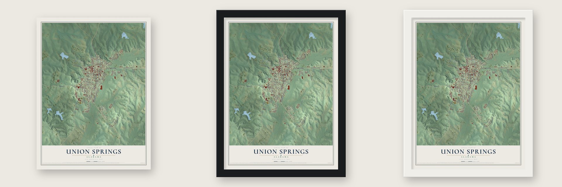 Union Springs, Alabama map unframed, in a black wood frame and in a white wood frame