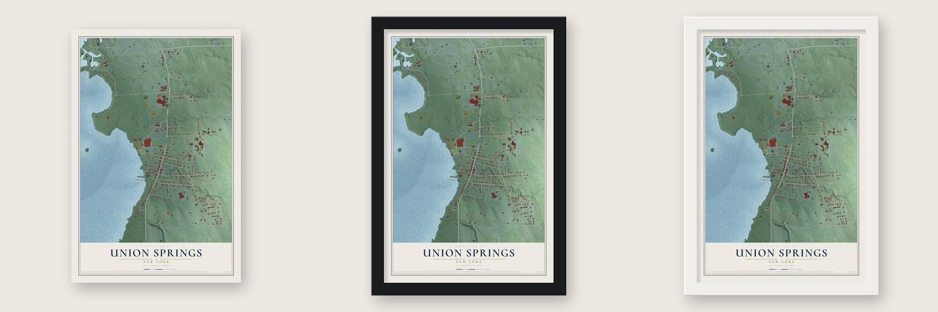 Union Springs, New York map unframed, in a black wood frame and in a white wood frame