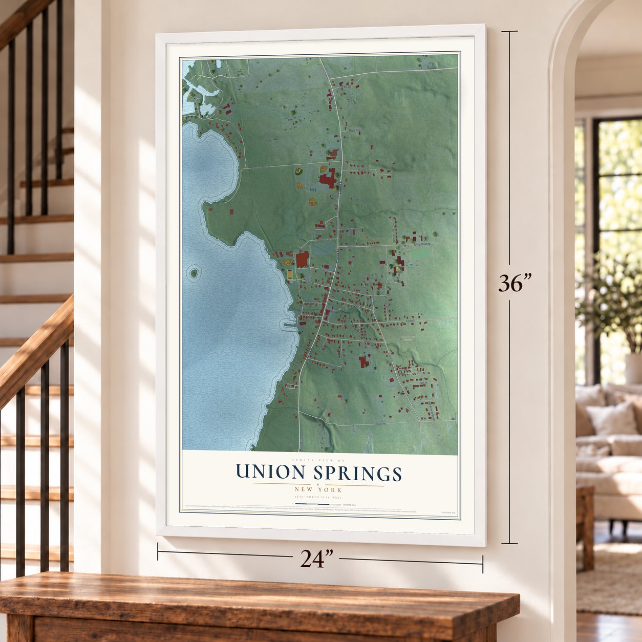 Union Springs, New York map, 24 x 36 inch print in a white frame by a staircase