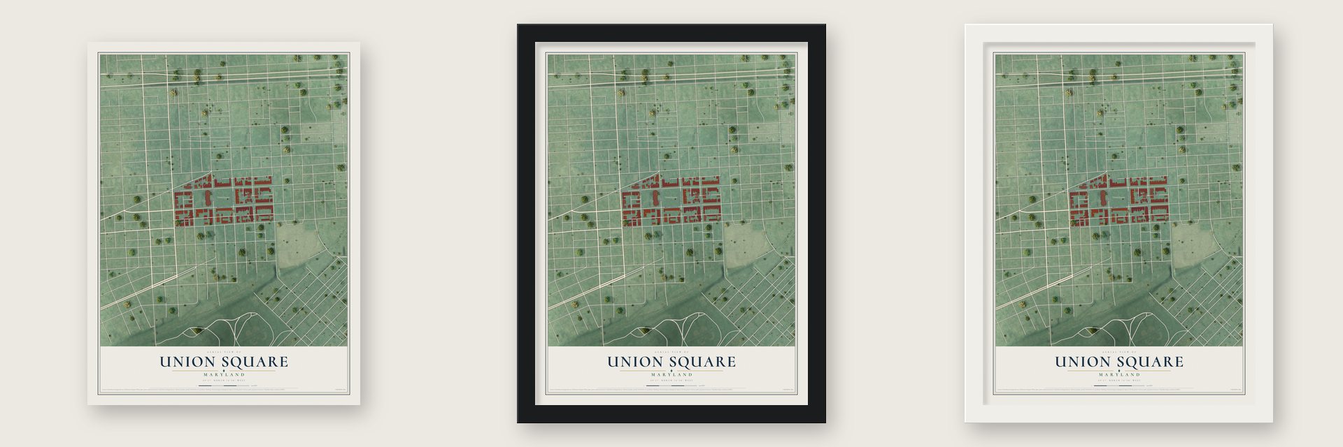 Union Square, Maryland map unframed, in a black wood frame and in a white wood frame