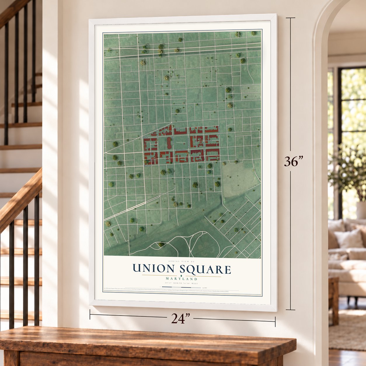 Union Square, Maryland map, 24 x 36 inch print in a white frame by a staircase