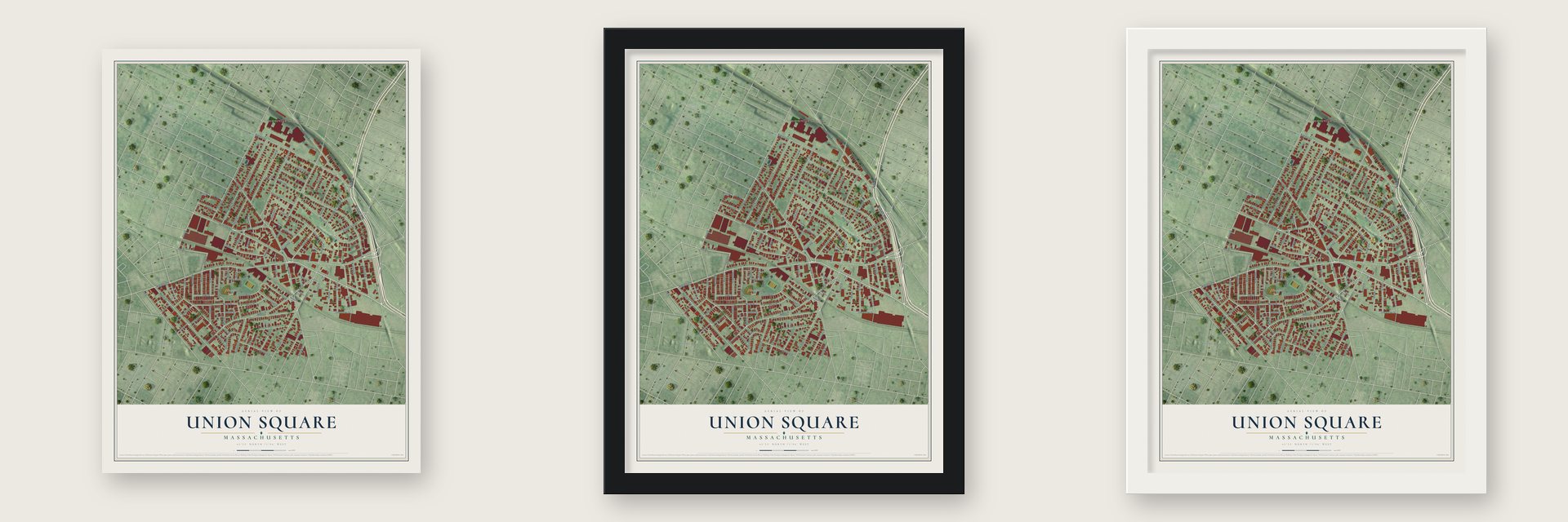 Union Square, Massachusetts map unframed, in a black wood frame and in a white wood frame