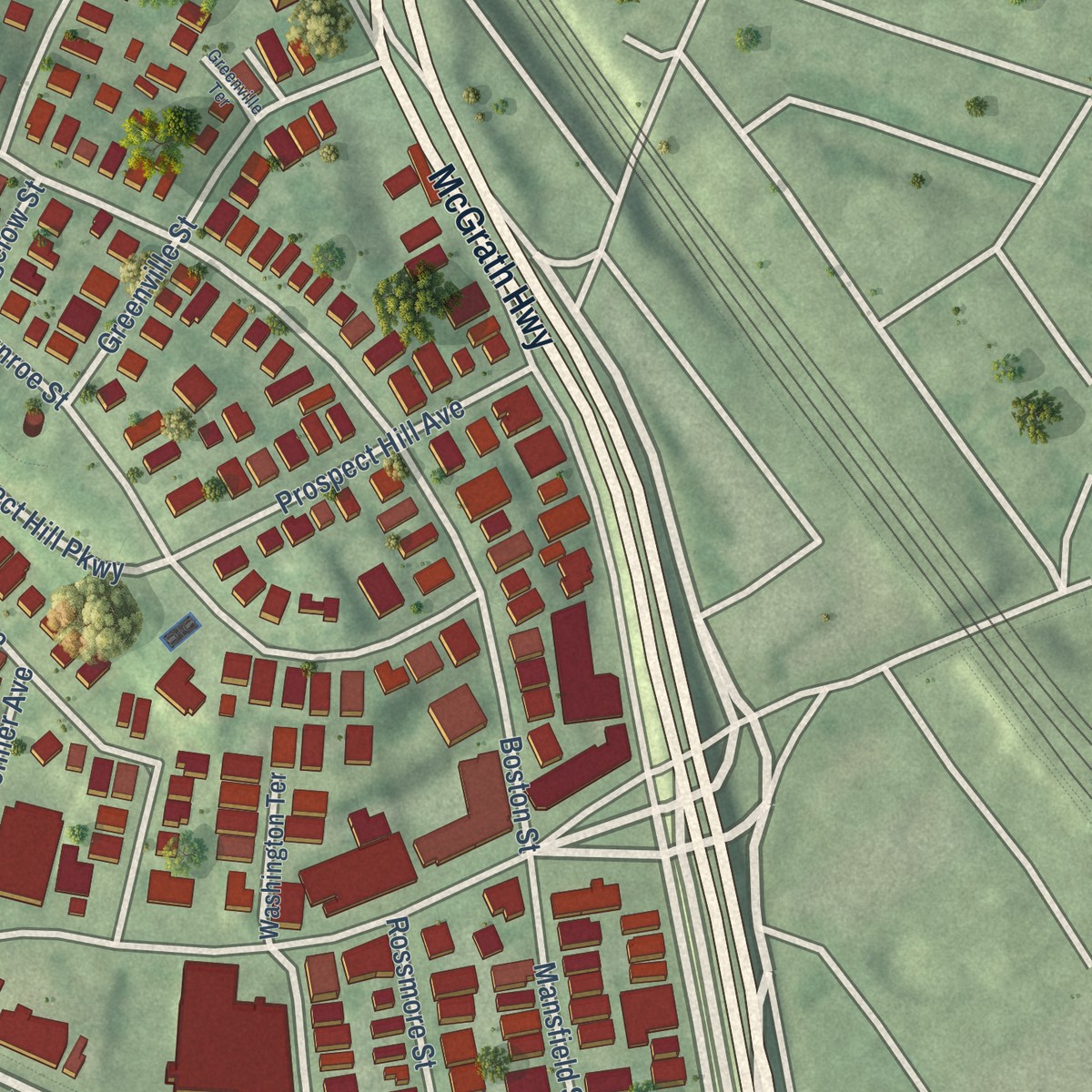 Second close-up of the map of Union Square, Massachusetts print showing more streets and buildings