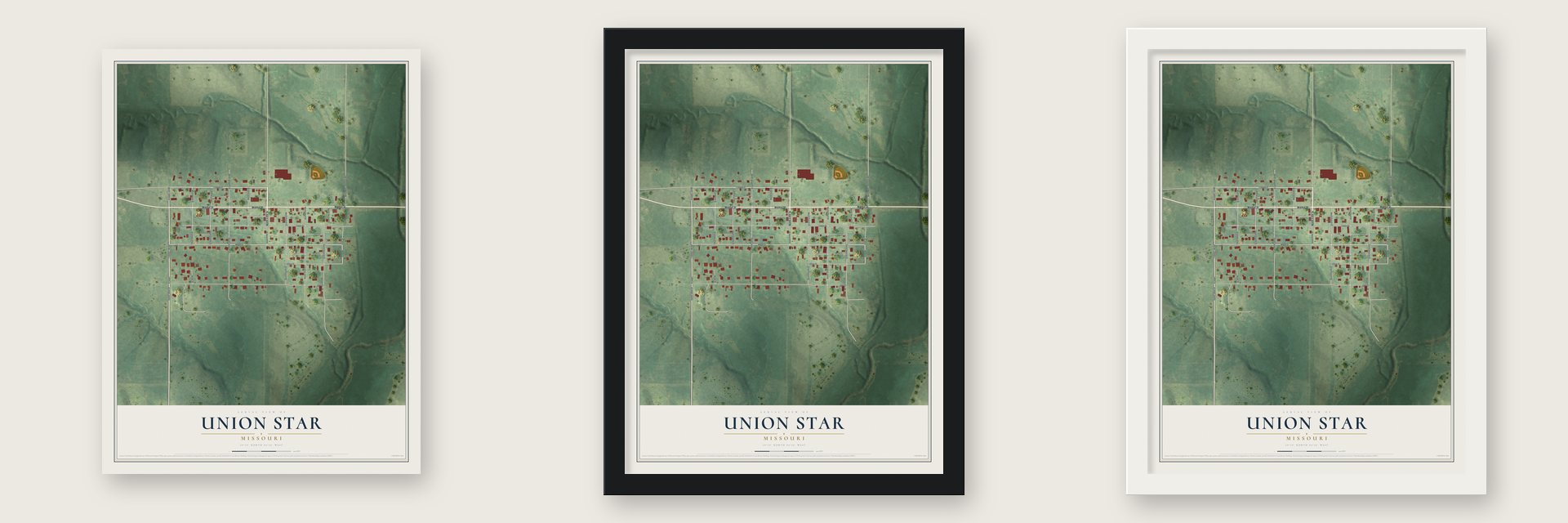Union Star, Missouri map unframed, in a black wood frame and in a white wood frame