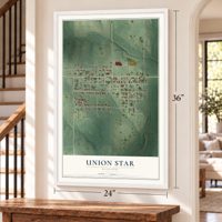 Union Star, Missouri map, 24 x 36 inch print in a white frame by a staircase