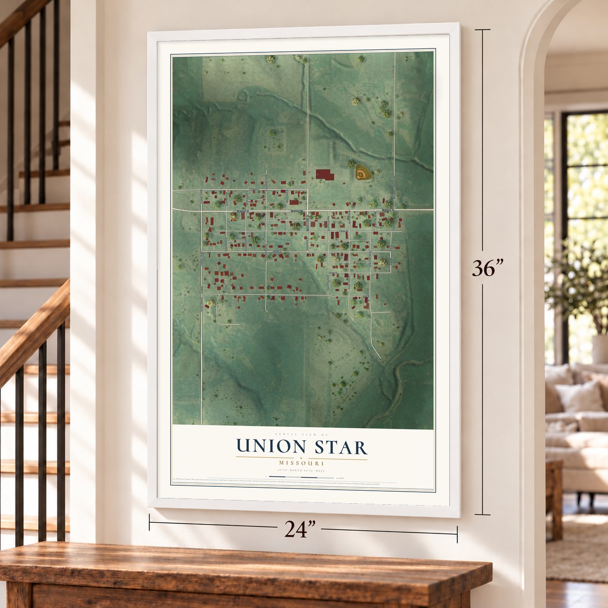 Union Star, Missouri map, 24 x 36 inch print in a white frame by a staircase