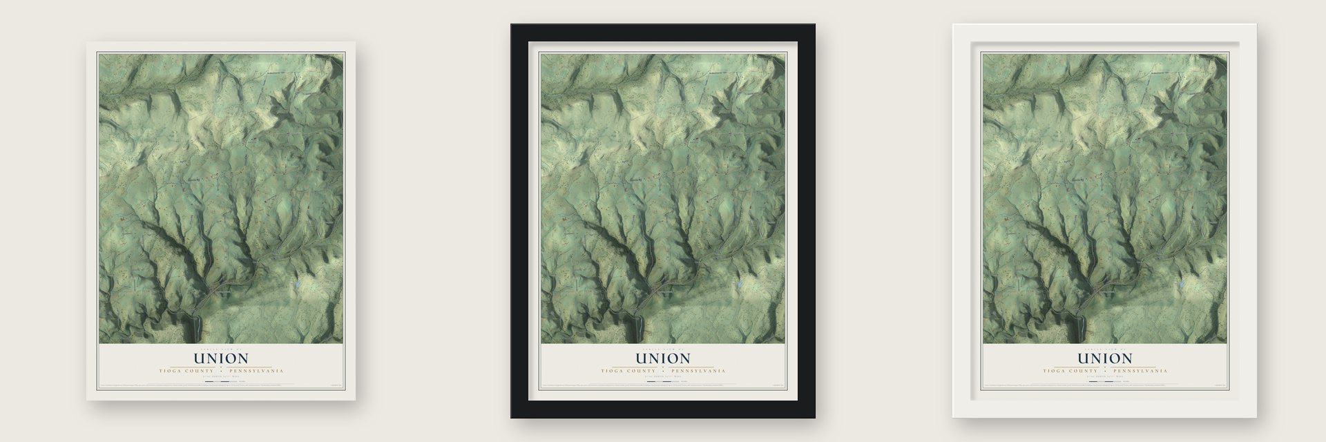 Union, Tioga County, Pennsylvania map unframed, in a black wood frame and in a white wood frame