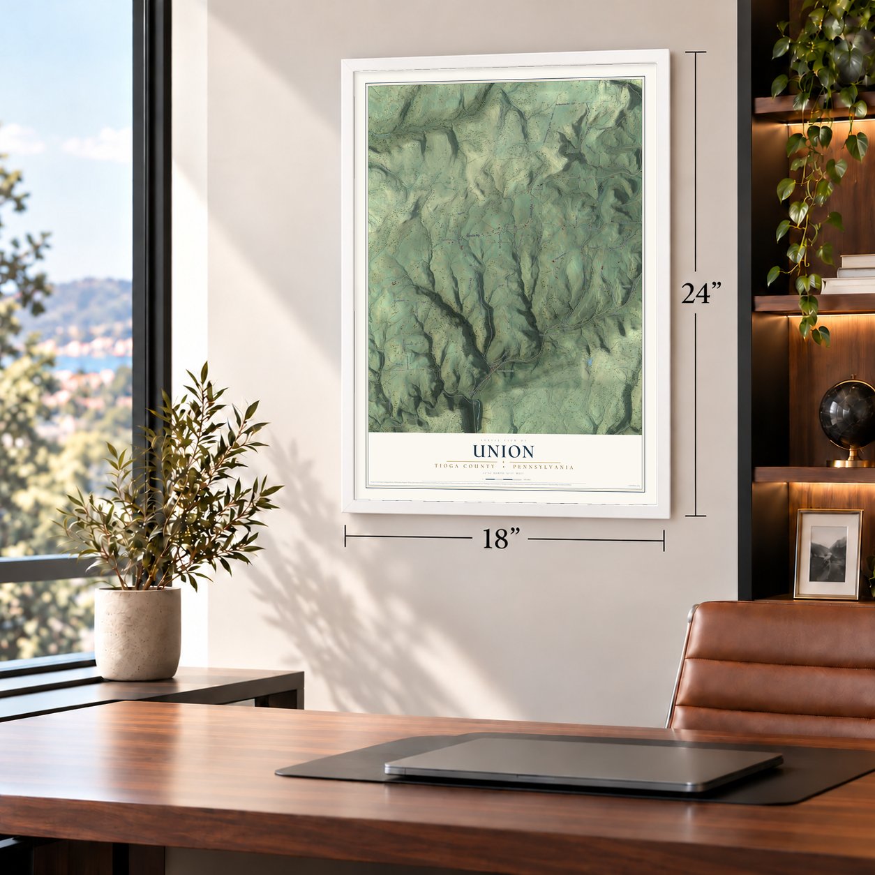 Union, Tioga County, Pennsylvania map, 18 x 24 inch print in a white frame in a home office