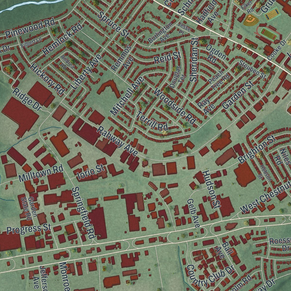 Second close-up of the map of Union, Union County, New Jersey print showing more streets and buildings