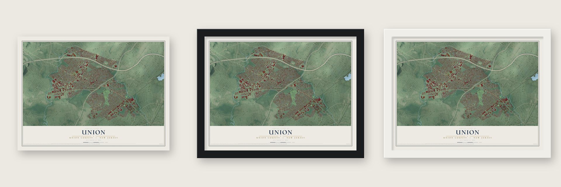 Union, Union County, New Jersey map unframed, in a black wood frame and in a white wood frame