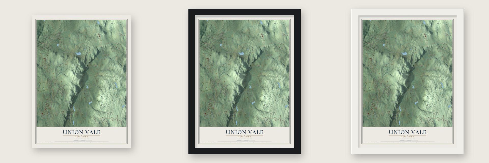 Union Vale, New York map unframed, in a black wood frame and in a white wood frame