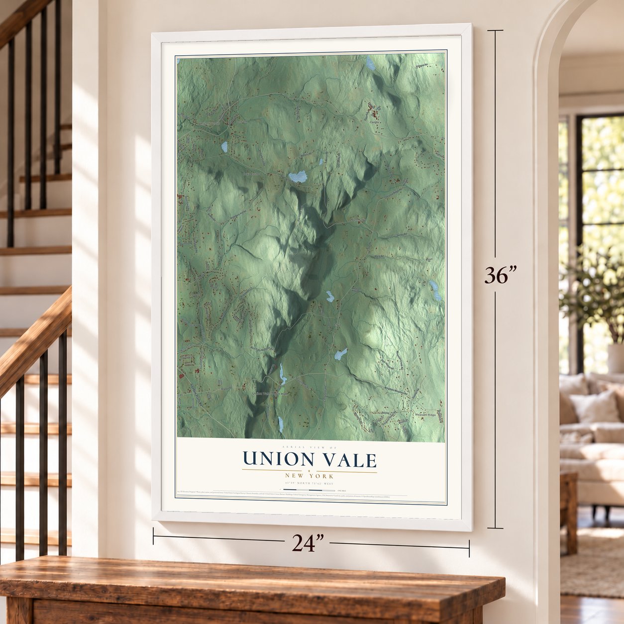 Union Vale, New York map, 24 x 36 inch print in a white frame by a staircase