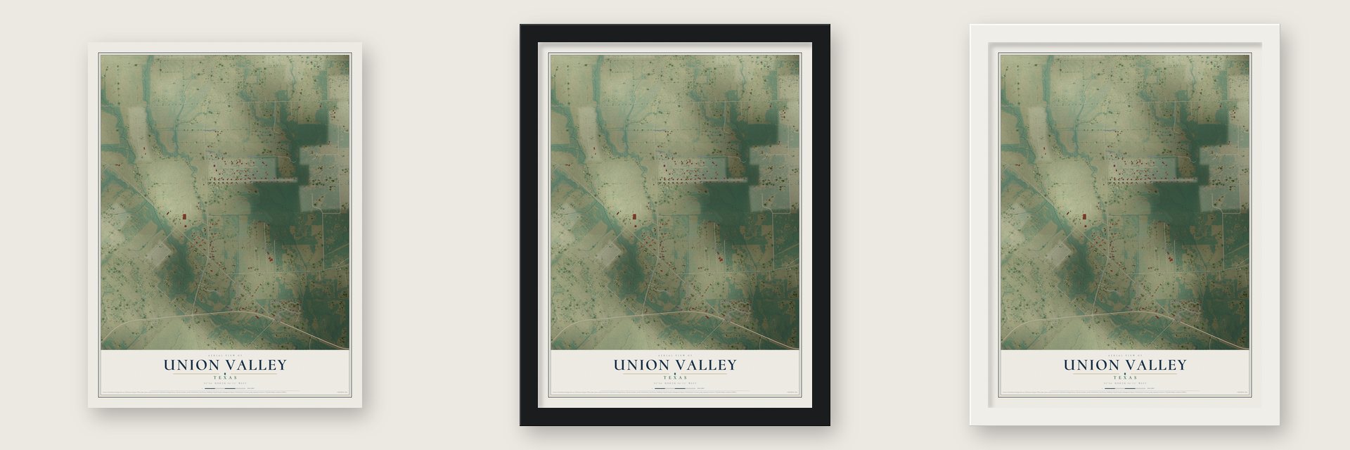 Union Valley, Texas map unframed, in a black wood frame and in a white wood frame