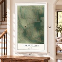 Union Valley, Texas map, 24 x 36 inch print in a white frame by a staircase
