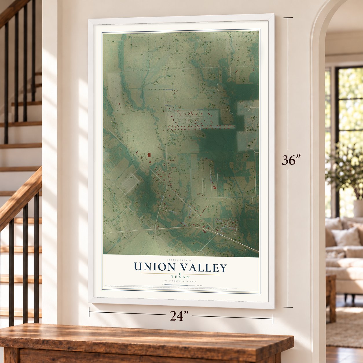 Union Valley, Texas map, 24 x 36 inch print in a white frame by a staircase