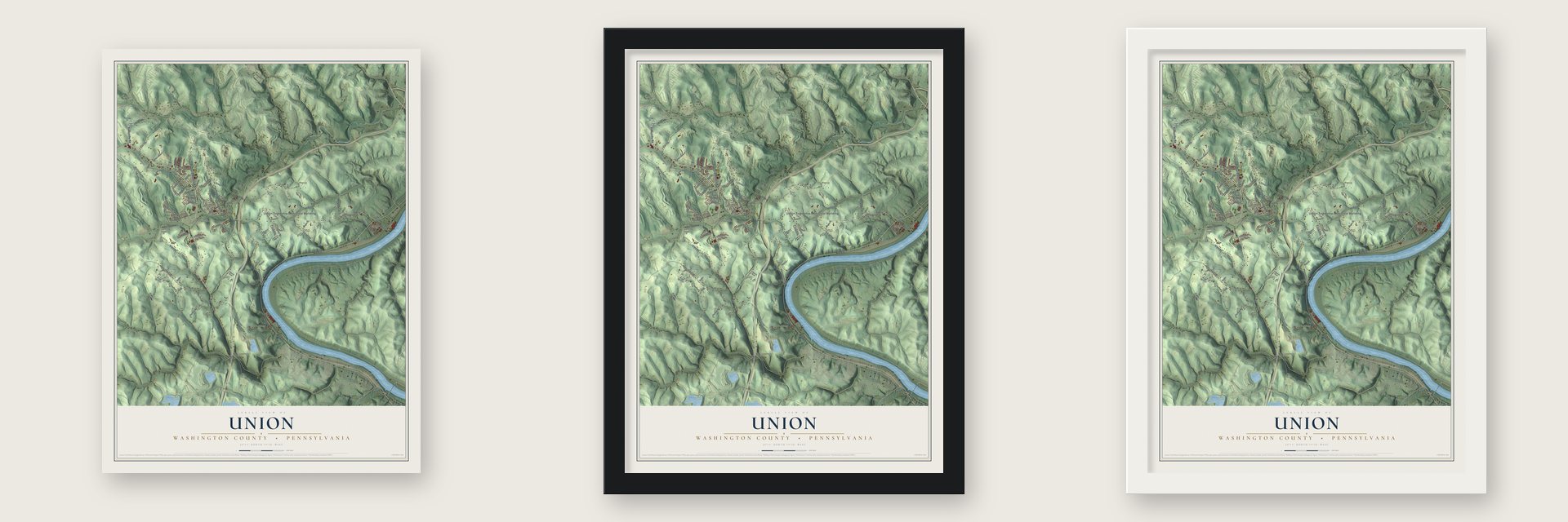 Union, Washington County, Pennsylvania map unframed, in a black wood frame and in a white wood frame