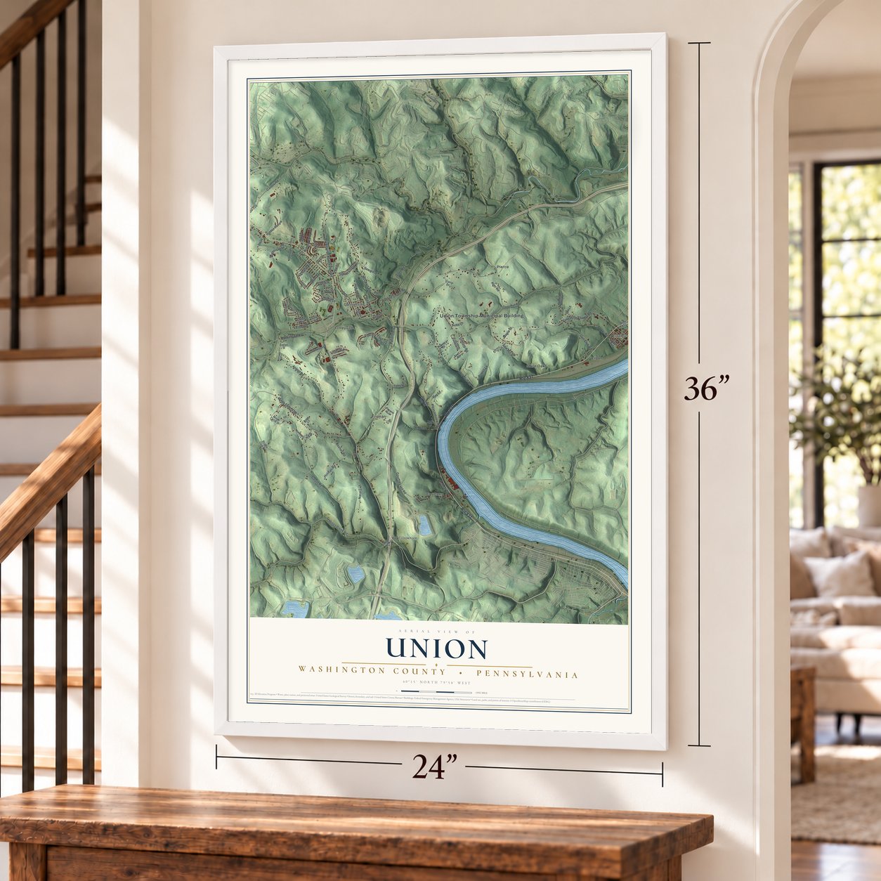 Union, Washington County, Pennsylvania map, 24 x 36 inch print in a white frame by a staircase