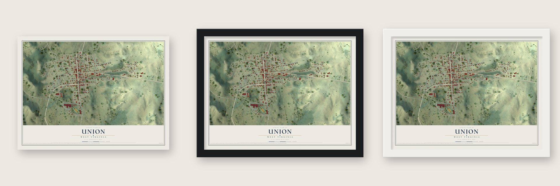 Union, West Virginia map unframed, in a black wood frame and in a white wood frame