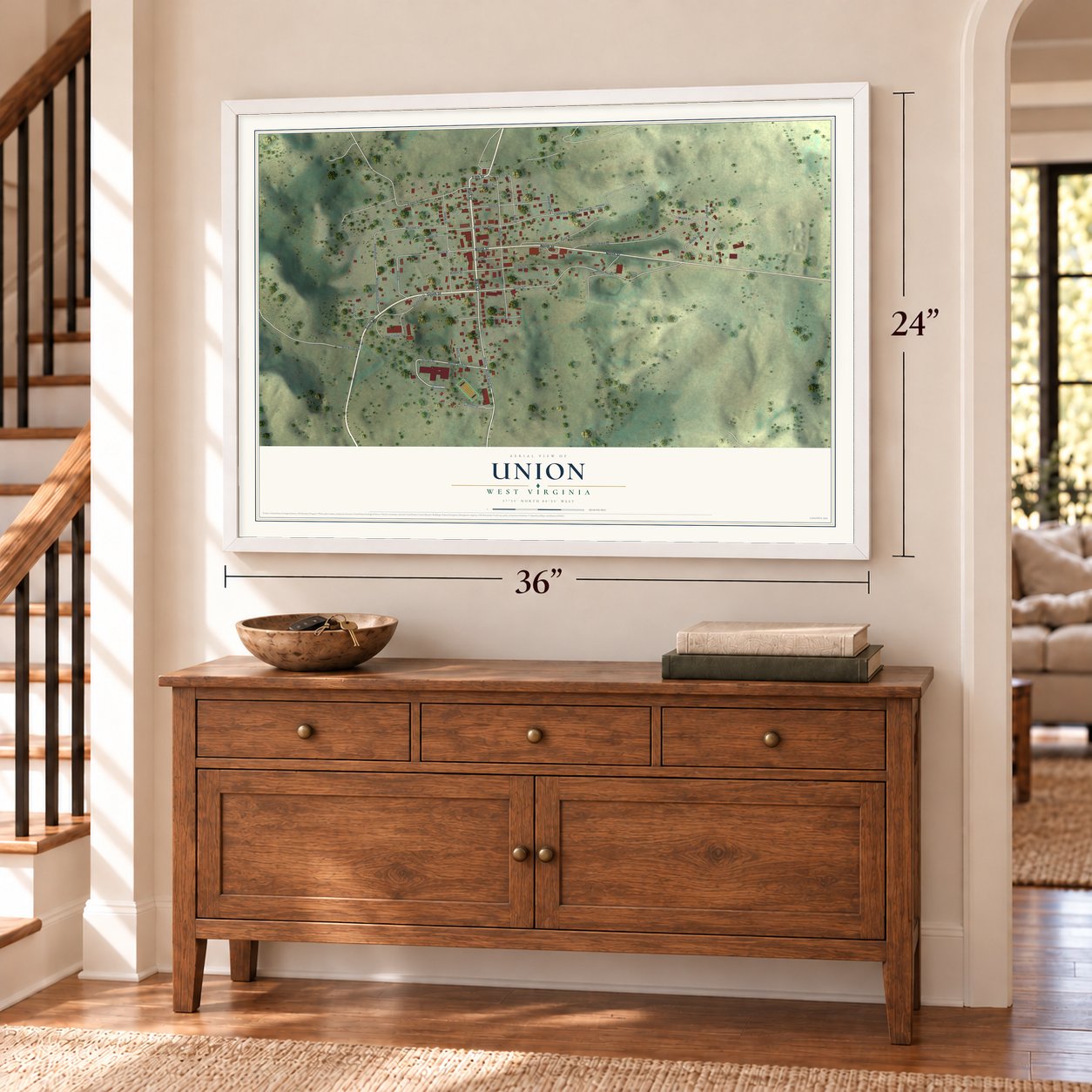 Union, West Virginia map, 24 x 36 inch print in a white frame above a dresser by a staircase