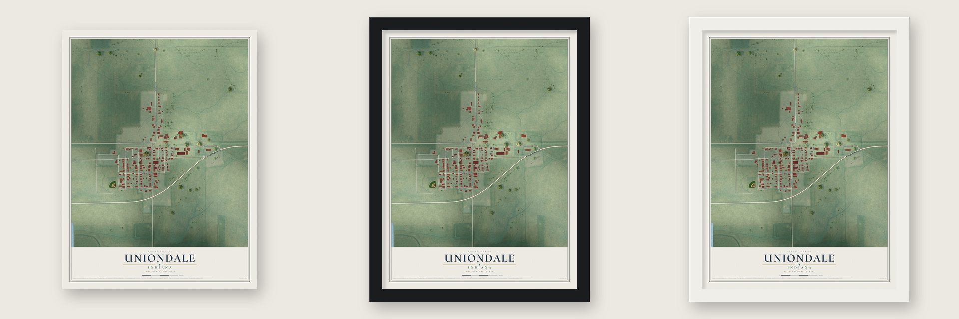 Uniondale, Indiana map unframed, in a black wood frame and in a white wood frame