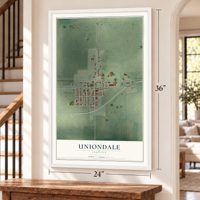 Uniondale, Indiana map, 24 x 36 inch print in a white frame by a staircase