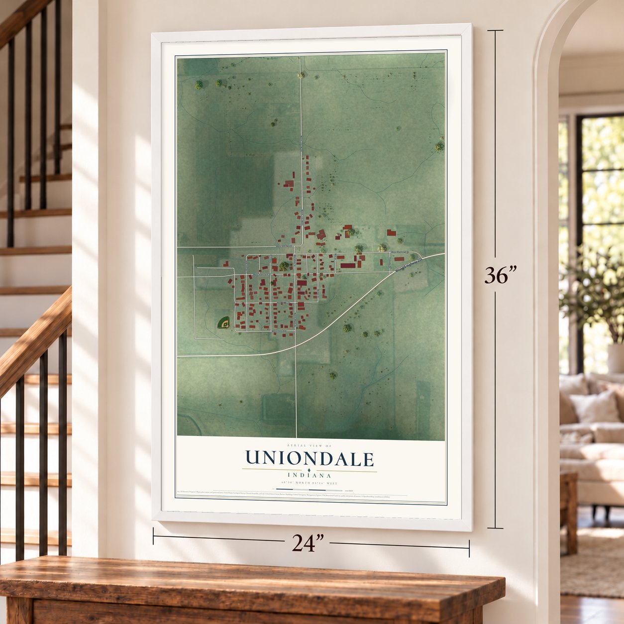 Uniondale, Indiana map, 24 x 36 inch print in a white frame by a staircase