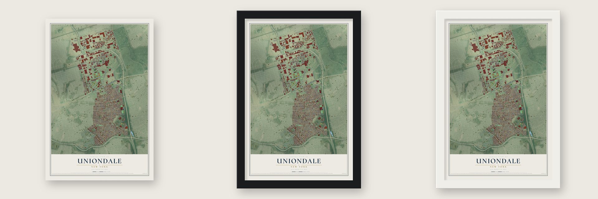 Uniondale, New York map unframed, in a black wood frame and in a white wood frame