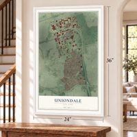 Uniondale, New York map, 24 x 36 inch print in a white frame by a staircase