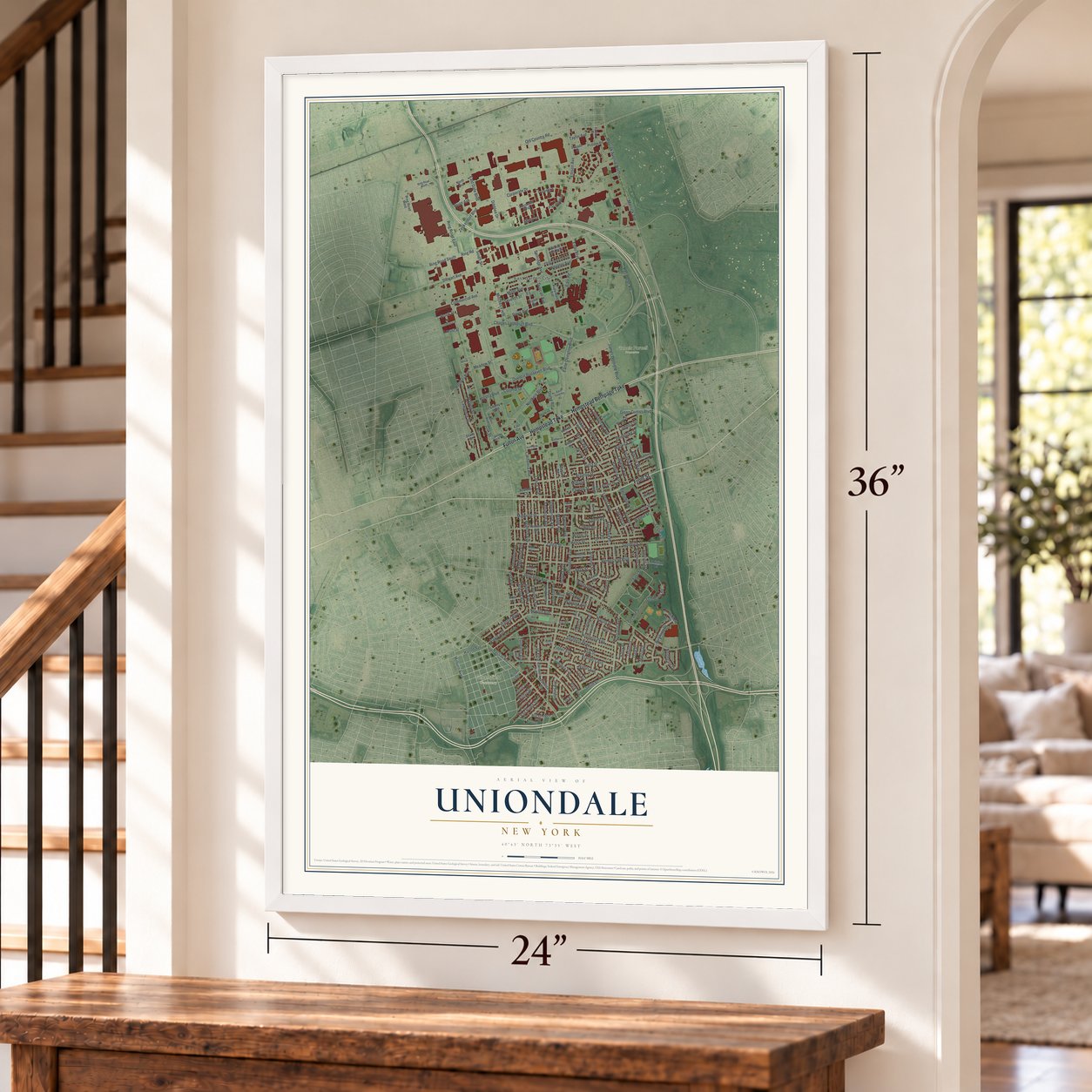 Uniondale, New York map, 24 x 36 inch print in a white frame by a staircase