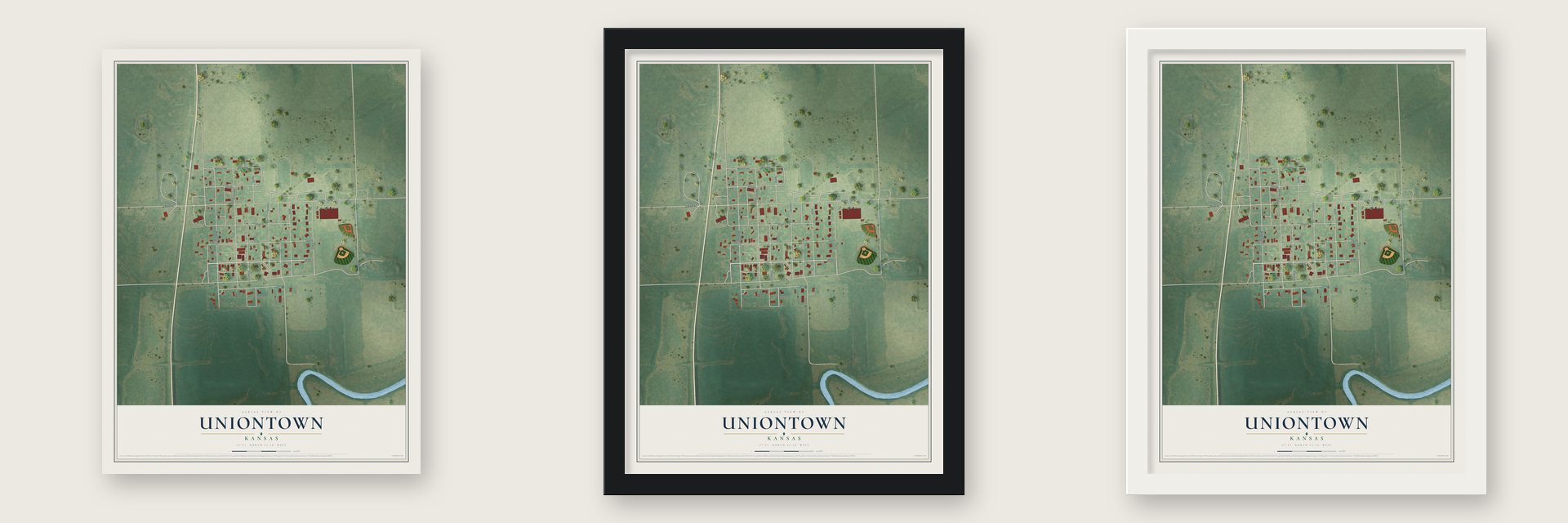 Uniontown, Kansas map unframed, in a black wood frame and in a white wood frame