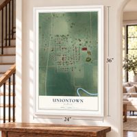 Uniontown, Kansas map, 24 x 36 inch print in a white frame by a staircase