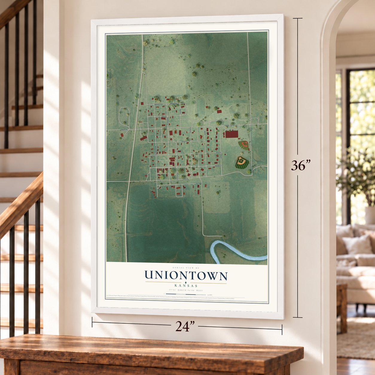 Uniontown, Kansas map, 24 x 36 inch print in a white frame by a staircase