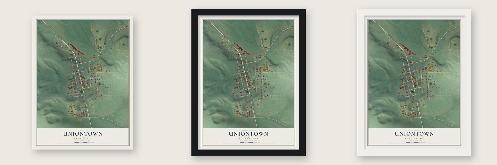 Uniontown, Washington map unframed, in a black wood frame and in a white wood frame