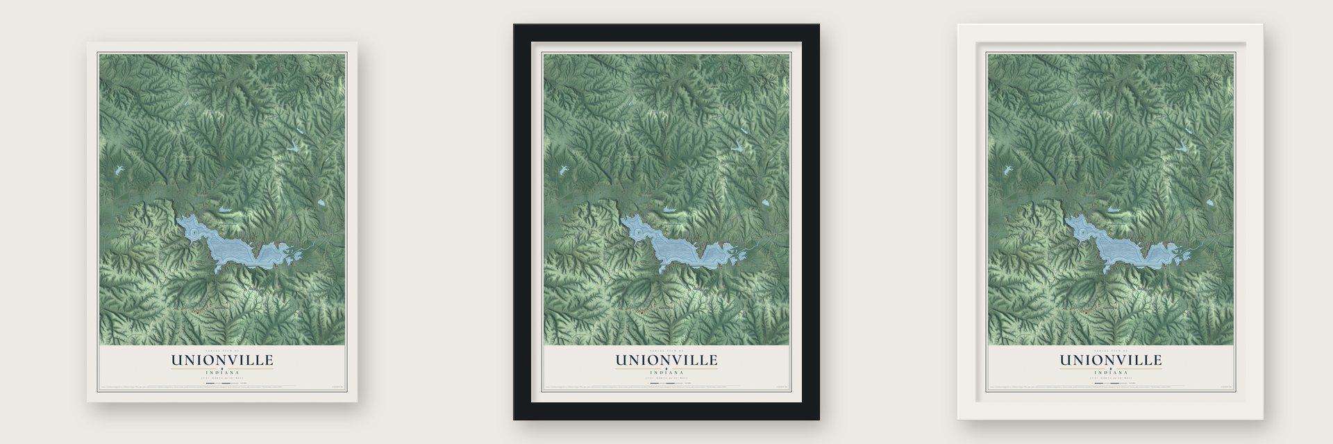 Unionville, Indiana map unframed, in a black wood frame and in a white wood frame