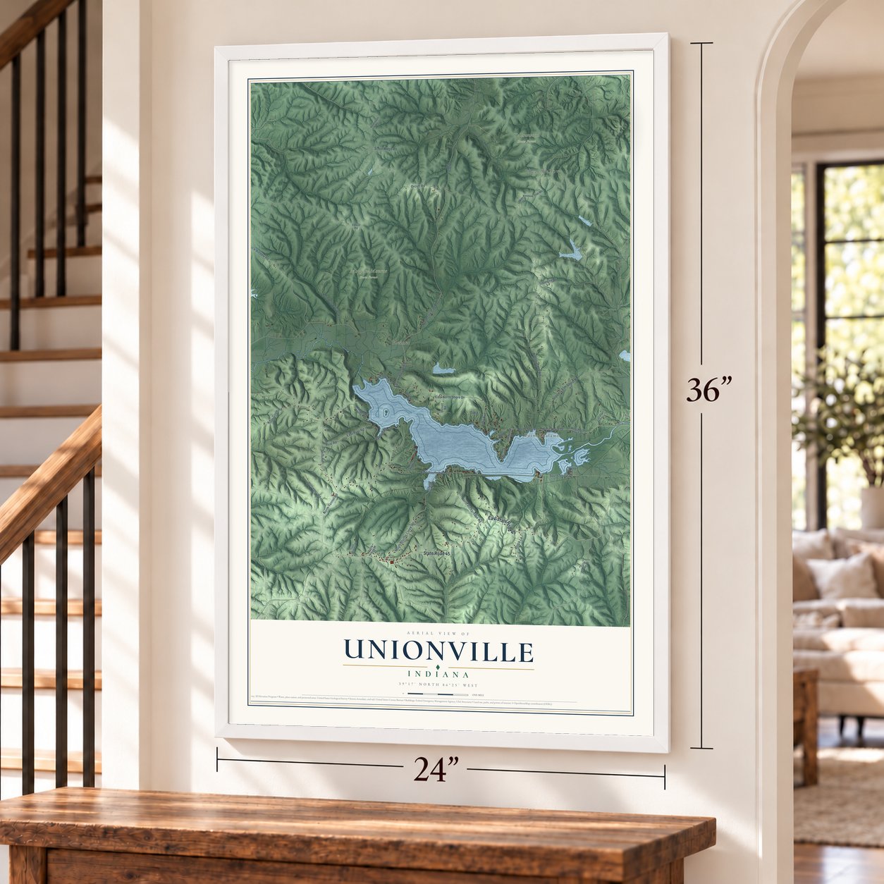 Unionville, Indiana map, 24 x 36 inch print in a white frame by a staircase