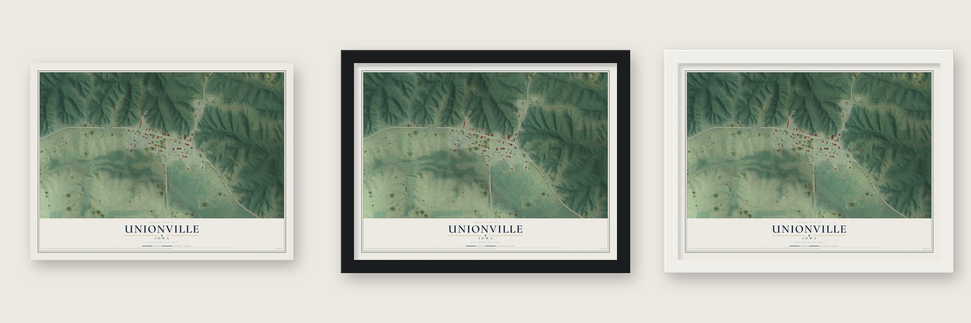 Unionville, Iowa map unframed, in a black wood frame and in a white wood frame