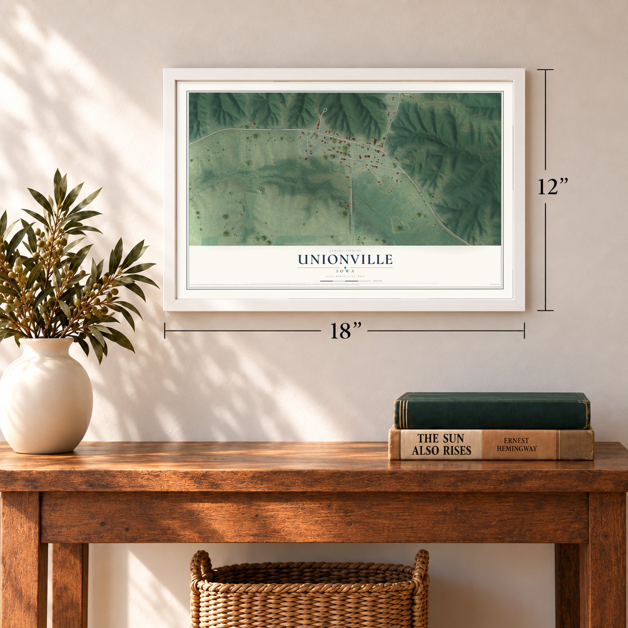 Unionville, Iowa map, 12 x 18 inch print in a white frame in an entryway