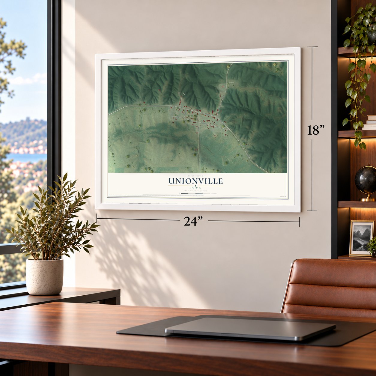 Unionville, Iowa map, 18 x 24 inch print in a white frame in a home office