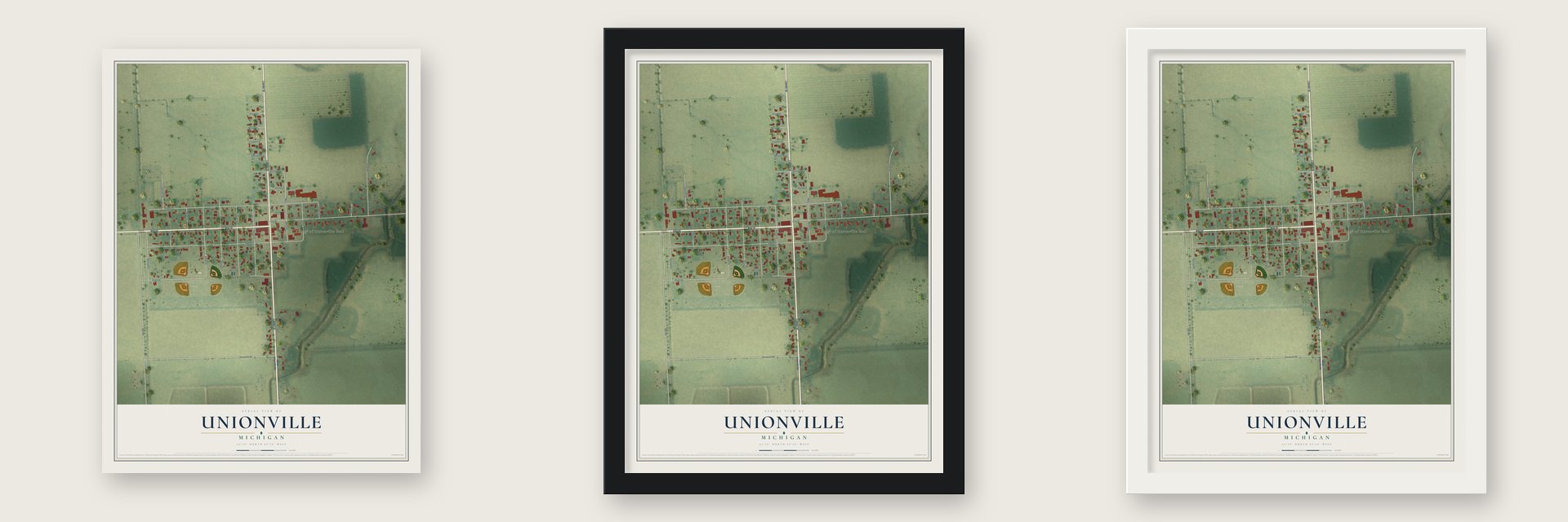 Unionville, Michigan map unframed, in a black wood frame and in a white wood frame