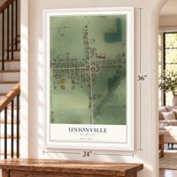 Unionville, Michigan map, 24 x 36 inch print in a white frame by a staircase